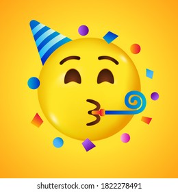 Emoji de fiesta. Feliz cara con sombrero de cumpleaños y confeti. Gran sonrisa en 3D. Ilustración vectorial.