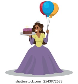 Party entertainer, beautiful woman in princess costume holding birthday cake and colorful balloons. vector illustration