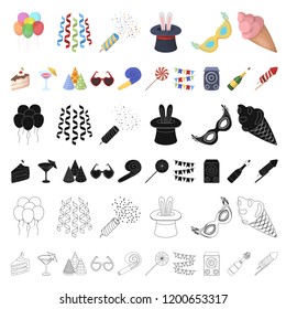 Party, entertainment cartoon icons in set collection for design. Celebration and treat vector symbol stock web illustration.