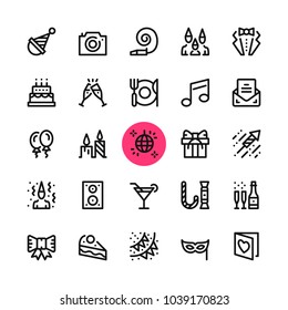 Party, entertainment, celebration line icons set. Modern graphic design concepts, simple outline elements collection. 32x32 px. Pixel perfect. Vector line icons