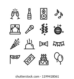 Party entertainment, event organisation and banquet icons. Celebration vector line symbols.