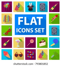 Party, entertainment flat icons in set collection for design. Celebration and treat vector symbol stock web illustration.