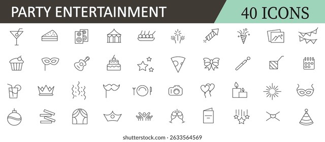Party and entertainment line icon set. Event, fun, enjoy, celebrate, celebration, dancing, music, congrats and wish outline icon collection. Thin outline icons pack. 