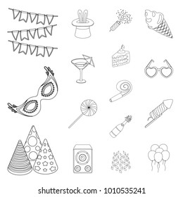 Party, entertainment outline icons in set collection for design. Celebration and treat vector symbol stock web illustration.