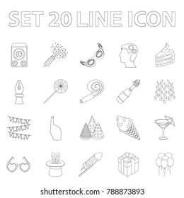 Party, entertainment outline icons in set collection for design. Celebration and treat vector symbol stock web illustration.