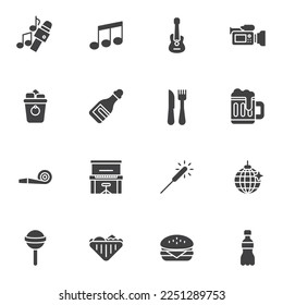 Party entertainment vector icons set, modern solid symbol collection, filled style pictogram pack. Signs, logo illustration. Set includes icons as karaoke microphone, music note, camera, disco ball