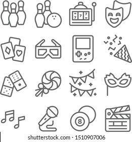 Party Entertainment Vector Line Icon Set. Contains such Icons as Confetti, Slot Machine, Bowling, Party Mask, Slate Movie, and more. Expanded Stroke