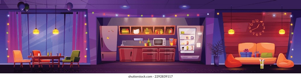 Party in evening office break room with kitchen. Festive coffee rest company hall interior design with garland and gifts on couch. Modern canteen furniture concept cartoon background illustration.