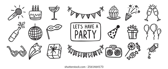 Party event or Birthday doodle icon element doodle hand drawn icon set. Outline drawing party, carnival celebration concept line clipart symbol collection. sketch birthday cake, balloon, decoration