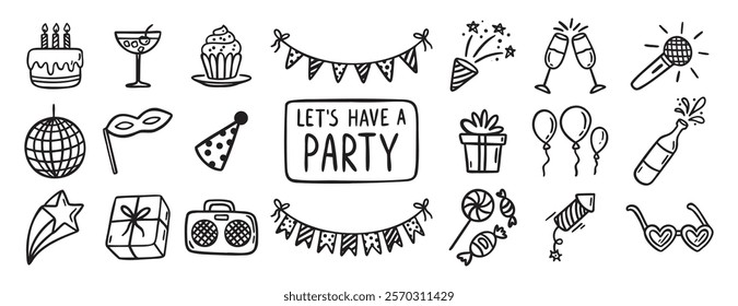Party event or Birthday doodle icon element doodle hand drawn icon set. Outline drawing party, carnival celebration concept line clipart symbol collection. sketch birthday cake, balloon, decoration