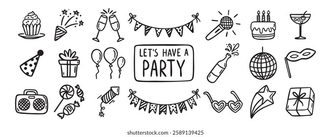 Party event or Birthday doodle icon element doodle hand drawn icon set. Outline drawing party, carnival celebration concept line clipart symbol collection. sketch birthday cake, balloon, decoration