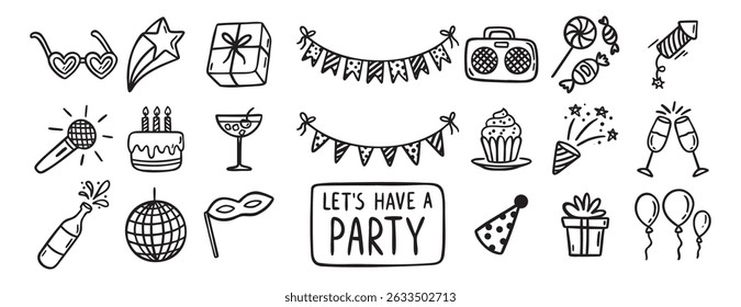Party event or Birthday doodle icon element doodle hand drawn icon set. Outline drawing party, carnival celebration concept line clipart symbol collection. sketch birthday cake, balloon, decoration