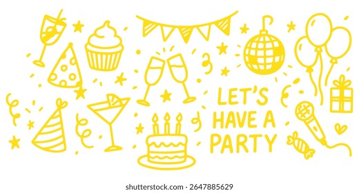 Party event or Birthday doodle icon element doodle hand drawn icon set. Outline drawing party, carnival celebration concept line clipart symbol collection. sketch birthday cake, balloon, decoration