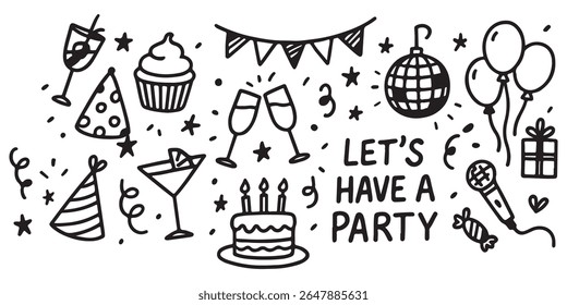 Party event or Birthday doodle icon element doodle hand drawn icon set. Outline drawing party, carnival celebration concept line clipart symbol collection. sketch birthday cake, balloon, decoration