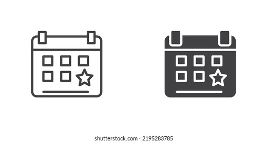 Icono de calendario de eventos de fiesta, versión de línea y glifo, símbolo de esquema y signo de vector relleno. Calendario con pictograma estelar lineal y completo. Símbolo, ilustración del logotipo. Conjunto de iconos de estilo diferente