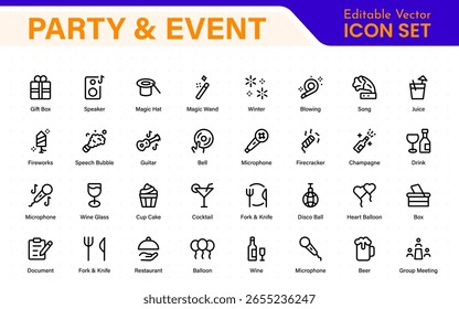 Festa e evento, celebração, elementos de aniversário - conjunto de ícones da web linha fina. Coleção de ícones de tópicos.