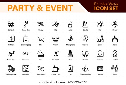 Fiesta y evento, celebración, Elementos de aniversario: conjunto de iconos de Web de línea delgada. Colección de iconos de contorno.