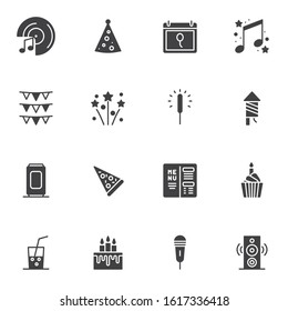 Party event decorations vector icons set, modern solid symbol collection, filled style pictogram pack. Signs, logo illustration. Set includes icons as birthday cake, flag, firecracker rocket, sparkler