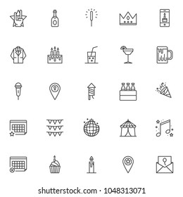 Party and event elements outline icons set. linear style symbols collection, line signs pack. vector graphics. Set includes icons as champagne bottle, festive christmas sparkle, crown, cocktail