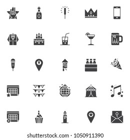 Party and event elements vector icons set, modern solid symbol collection, filled style pictogram pack. Signs, logo illustration. Set includes icons as champagne bottle, festive christmas sparkle