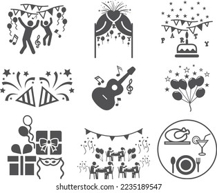 Party- und Veranstaltungssymbolset, Party-Feiern Symbol-Set schwarz Vektorgrafik