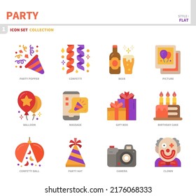 conjunto de iconos de fiesta y evento, estilo plano, vector e ilustración