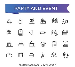 Party and Event Icons set with editable stroke collection for web and ui. Line icons pack. Vector illustration.