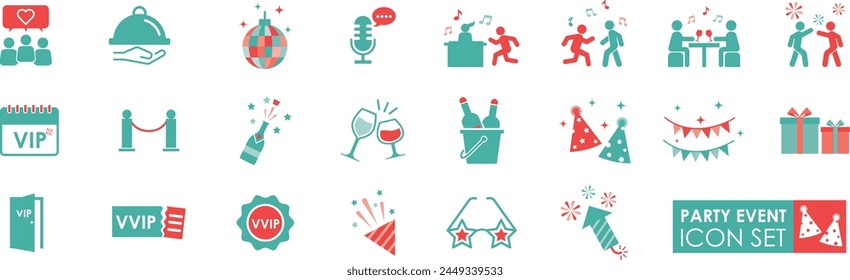 Party Event icons set. Solid icon style. Contains Celebration, Party, Event, Festive, VIP, Entertainment, Music, Dancing, Confetti, Balloons and Streamers—vector illustrations.