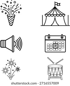 Icono de ilustraciones de fiesta y evento negro sobre fondo blanco