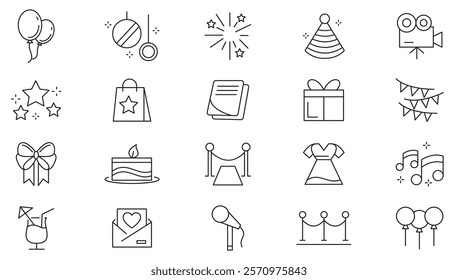 Party and Event line icon set. Birthday, dancing, happy new year,  entertainment, invitations, wedding, event, holidays,  relationship, love triangle, banquet line icon set. UI thin line icon pack