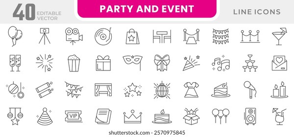 Party and Event line icon set. Birthday, dancing, happy new year,  entertainment, invitations, wedding, event, holidays,  relationship, love triangle, banquet line icon set. UI thin line icon pack