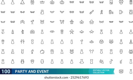 Party And Event line icons set, Party dress, Festival, Birthday, Happy, and more, minimal thin web icon collection. Pixel perfect, vector illustration.