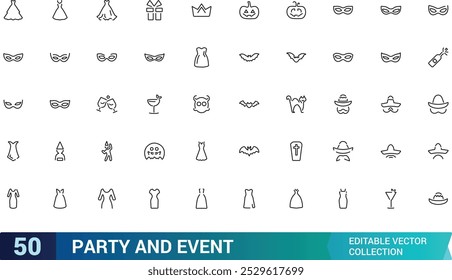 Party And Event line icons set, Party dress, Festival, Birthday, Happy, and more, minimal thin web icon collection. Pixel perfect, vector illustration.