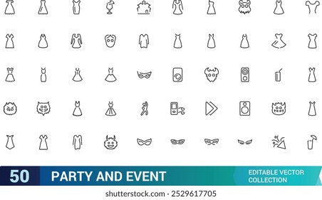 Party And Event line icons set, Party dress, Festival, Birthday, Happy, and more, minimal thin web icon collection. Pixel perfect, vector illustration.