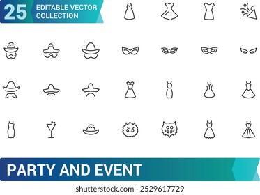 Party And Event line icons set, Party dress, Festival, Birthday, Happy, and more, minimal thin web icon collection. Pixel perfect, vector illustration.