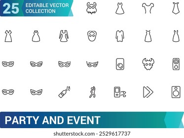 Party And Event line icons set, Party dress, Festival, Birthday, Happy, and more, minimal thin web icon collection. Pixel perfect, vector illustration.