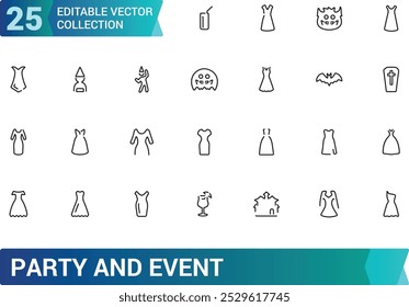 Party And Event line icons set, Party dress, Festival, Birthday, Happy, and more, minimal thin web icon collection. Pixel perfect, vector illustration.