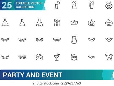 Party And Event line icons set, Party dress, Festival, Birthday, Happy, and more, minimal thin web icon collection. Pixel perfect, vector illustration.