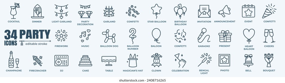 Party and event minimal thin line web icon set. Outline editable icons collection. Simple vector illustration.