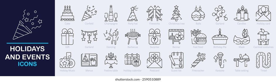 Party and Event Outline Vector Icon Collection. A set of outline icons related to celebration, party, decoration, cake, gift, birthday, holidays, dancing and more. Editable stroke. Vector illustration