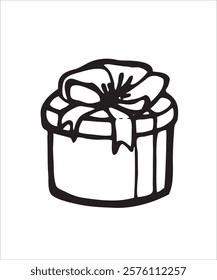 Party event staff doodle artistic, festive elements, cute objects, birthday decorations, simple doodles, round box, gift boxes with a button, black and white