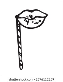 Party event staff doodle artistic, festive elements, cute objects, birthday decorations, simple doodles, lips on a stick, black and white