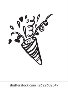 Party event staff doodle artistic, confetti cone, festive elements, cute objects, birthday decorations, simple doodles, gifts, black and white