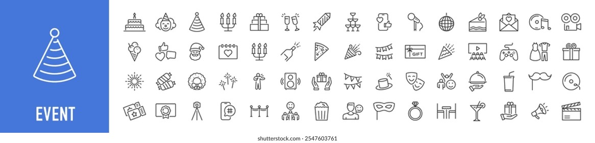 Party and Event web icons in line style. Birthday, dancing, happy new year, week, christmas, entertainment, invitations, wedding, event, holidays, carnival, collection. Vector illustration.