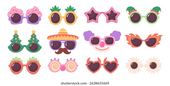 Party eyeglasses. Cartoon cute glasses with christmas tree, daisy, sombrero, cupcakes, clown face. Carnival festival spectacles, eyewear racy vector clipart