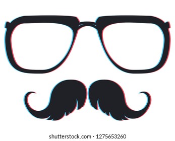Party eyeglasses with moustache, retro anaglyph effect design.