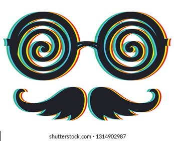 Party eyeglasses with moustache, retro anaglyph effect design.