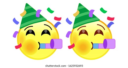 Party Face Emoji with a hat. A yellow face with a party hat blowing a party horn as confetti floats around its head.