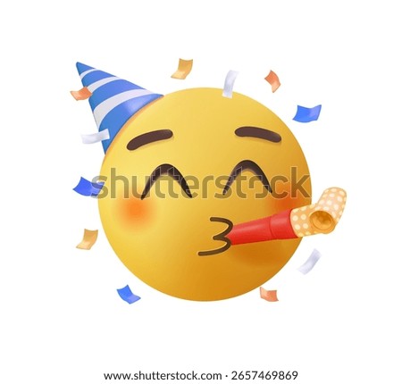 Party face emoji vector illustration confetti celebrating. Emoticon with happy eyes and party whistle 3D render illustration. Party popper confetti