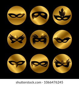 Party face masks icons with glowing elements of set isolated on black. Vector illustration